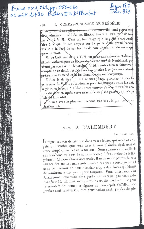 Lettre de Frédéric II à D'Alembert, 1er août 1780 Lettre de Frédéric II à D'Alembert, 1er août 1780