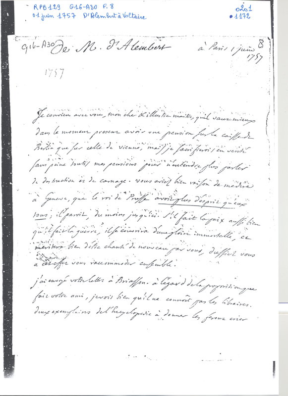 Lettre de D'Alembert à Voltaire, 1er juin 1757