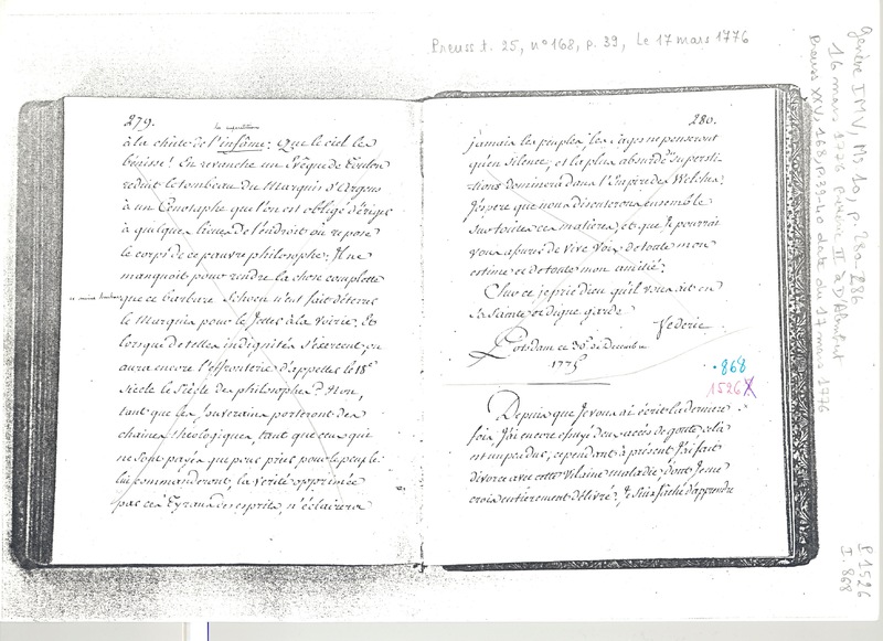 Lettre de Frédéric II à D'Alembert, 17 mars 1776 Lettre de Frédéric II à D'Alembert, 17 mars 1776