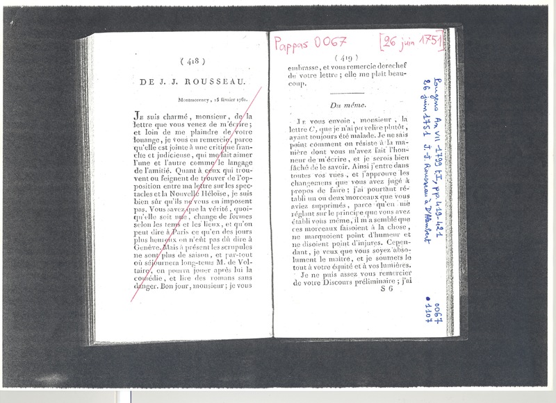 Lettre de Rousseau Jean Jacques à D'Alembert, 26 juin 1751 Lettre de Rousseau Jean Jacques à D'Alembert, 26 juin 1751