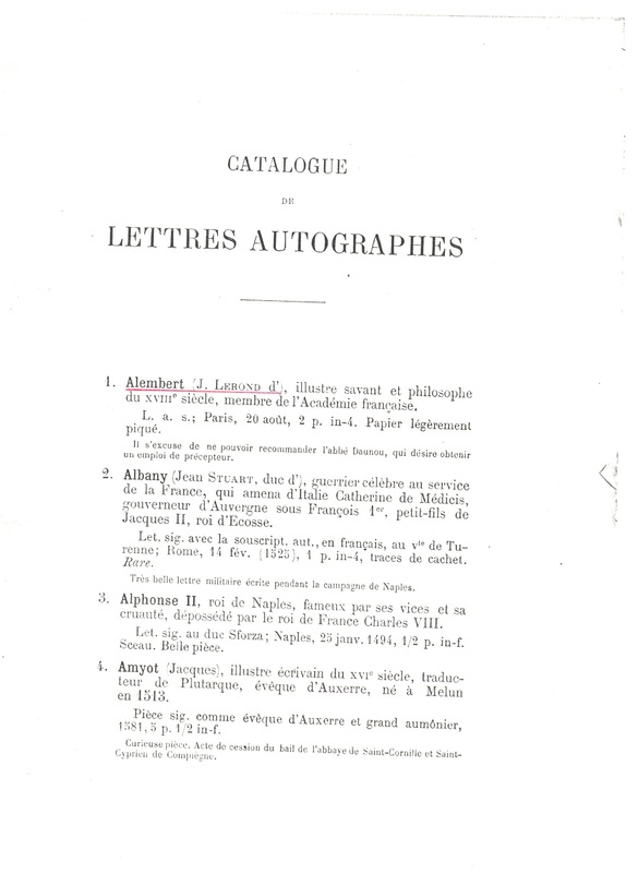 Lettre de D'Alembert à Daunou, 20 août 1780 Lettre de D'Alembert à Daunou, 20 août 1780