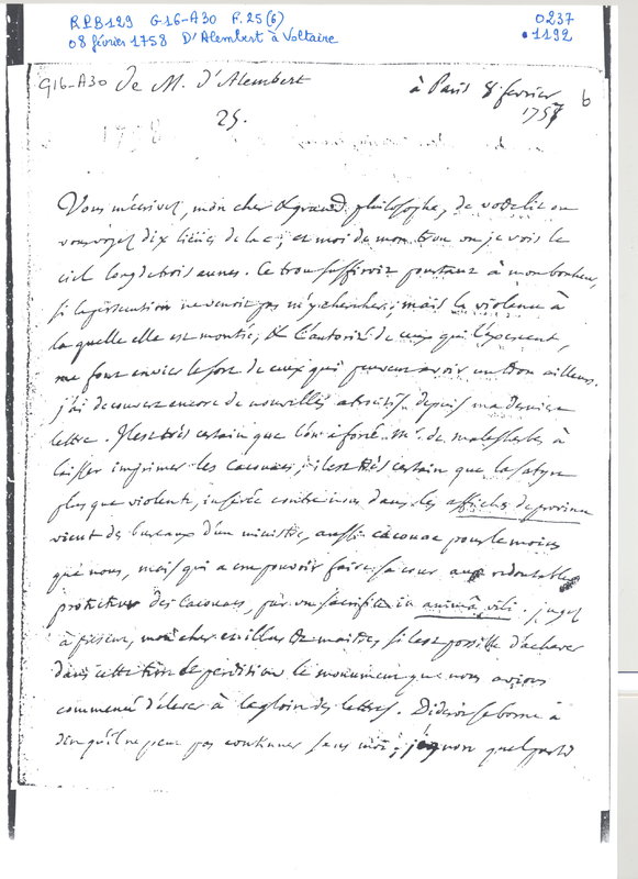 Lettre de D'Alembert à Voltaire, 8 février 1758 Lettre de D'Alembert à Voltaire, 8 février 1758