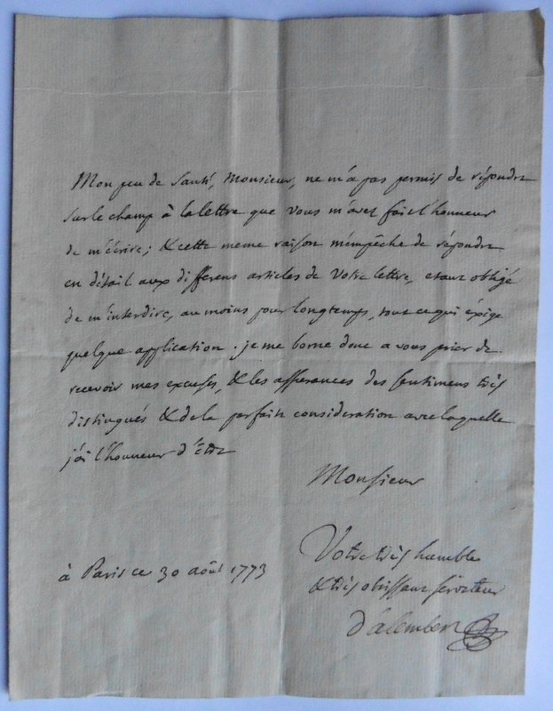 Lettre de D'Alembert à Roubin, 30 août 1773 Lettre de D'Alembert à Roubin, 30 août 1773