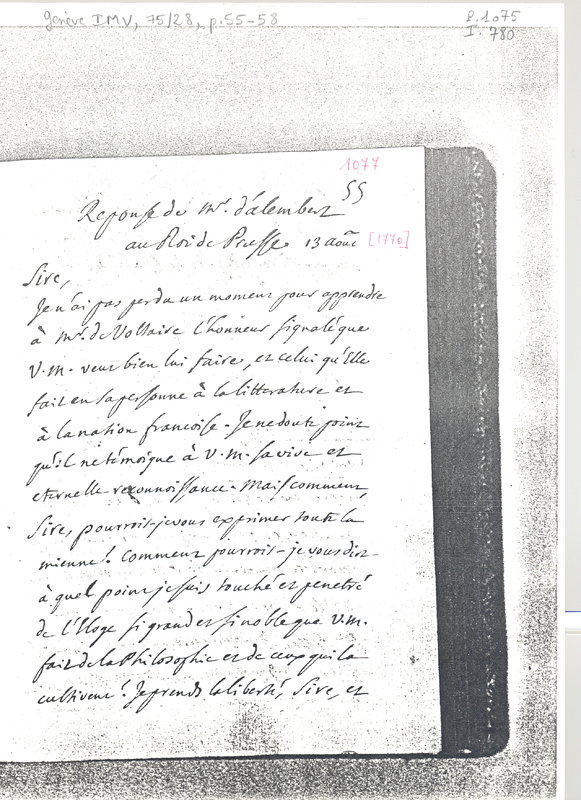 Lettre de D'Alembert à Frédéric II, 12 août 1770 Lettre de D'Alembert à Frédéric II, 12 août 1770