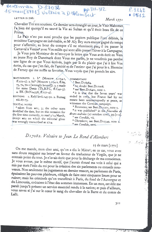 Lettre de Voltaire à D'Alembert, 15 mars 1771 Lettre de Voltaire à D'Alembert, 15 mars 1771