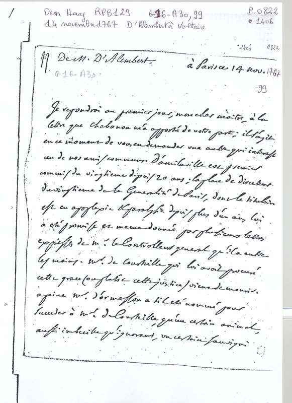 Lettre de D'Alembert à Voltaire, 14 novembre 1767 Lettre de D'Alembert à Voltaire, 14 novembre 1767
