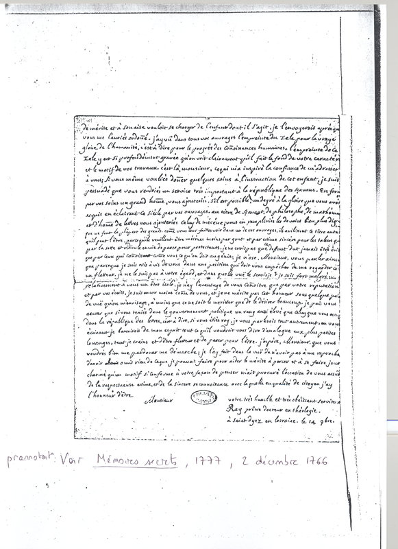 Lettre de Ray à D'Alembert, 14 novembre 1766 Lettre de Ray à D'Alembert, 14 novembre 1766
