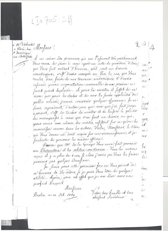 Lettre de Lambert Jean Henri à D'Alembert, 20 octobre 1769 Lettre de Lambert Jean Henri à D'Alembert, 20 octobre 1769