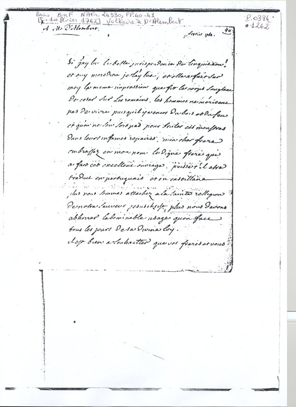 Lettre de Voltaire à D'Alembert, 10 février 1762 Lettre de Voltaire à D'Alembert, 10 février 1762