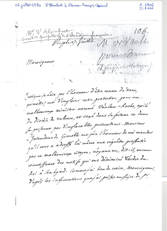 Lettre de D'Alembert à Choiseul, 6 juillet 1780 Lettre de D'Alembert à Choiseul, 6 juillet 1780