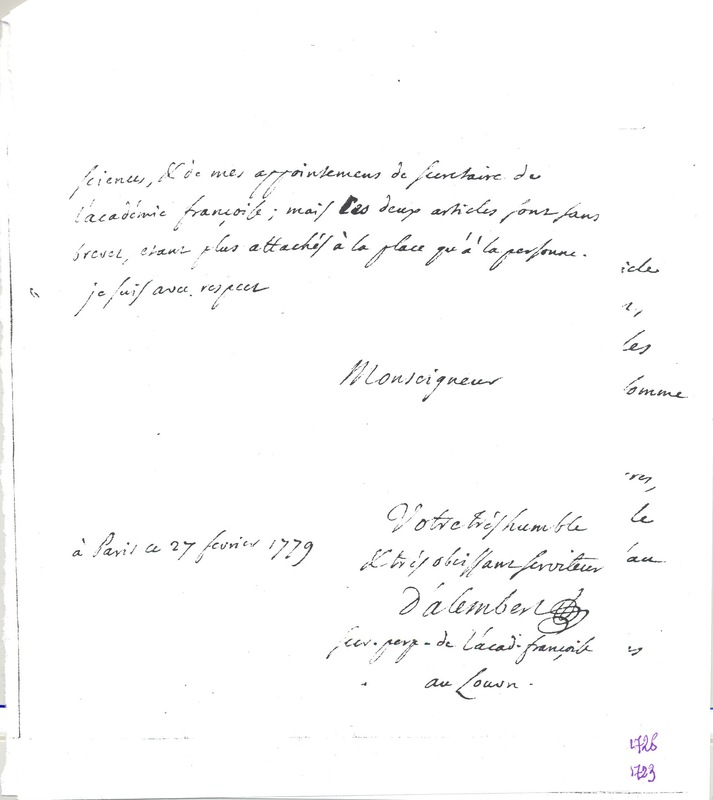 Lettre de D'Alembert à Amelot de Chaillou, 27 février 1779 Lettre de D'Alembert à Amelot de Chaillou, 27 février 1779