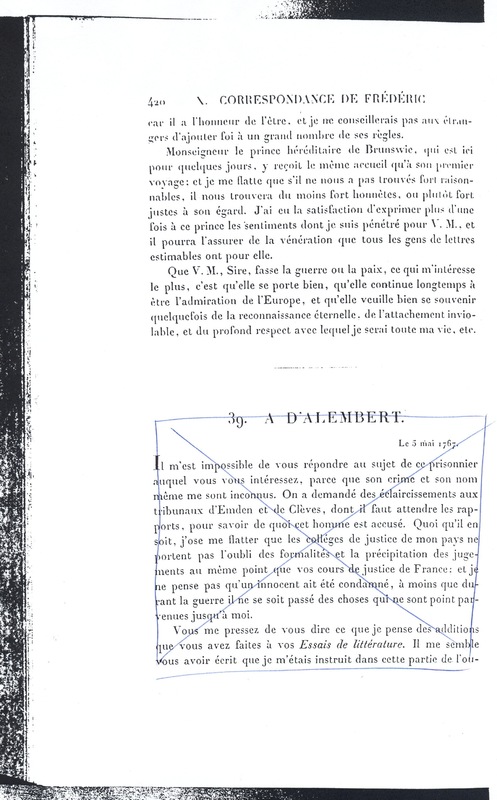 Lettre de D'Alembert à Frédéric II, 10 avril 1767 Lettre de D'Alembert à Frédéric II, 10 avril 1767