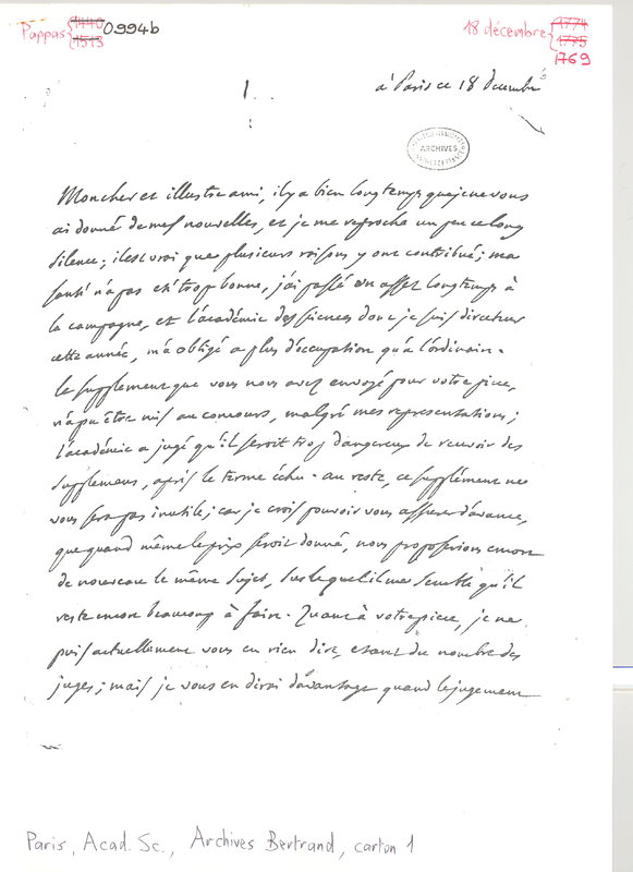 Lettre de D'Alembert à Frisi, 18 décembre 1769 Lettre de D'Alembert à Frisi, 18 décembre 1769
