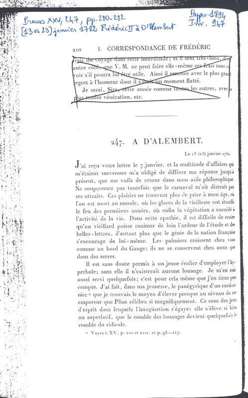 Lettre de Frédéric II à D'Alembert, 13 janvier 1782 Lettre de Frédéric II à D'Alembert, 13 janvier 1782