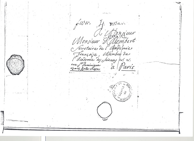 Lettre de Lagrange à D'Alembert, 19 janvier 1773 Lettre de Lagrange à D'Alembert, 19 janvier 1773