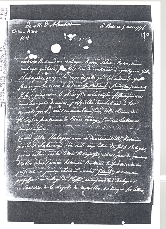 Lettre de D'Alembert à Voltaire, 5 novembre 1776 Lettre de D'Alembert à Voltaire, 5 novembre 1776