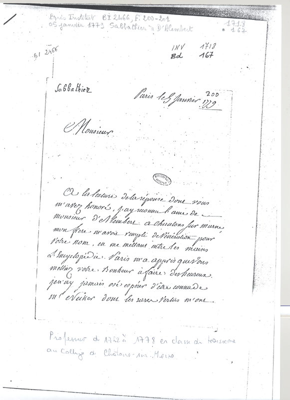 Lettre de Sabbathier à D'Alembert, 5 janvier 1779 Lettre de Sabbathier à D'Alembert, 5 janvier 1779