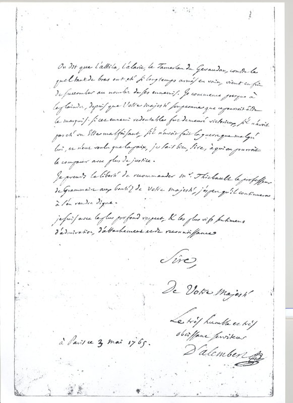 Lettre de D'Alembert à Frédéric II, 3 mai 1765 Lettre de D'Alembert à Frédéric II, 3 mai 1765