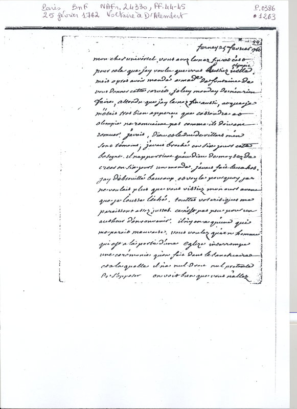 Lettre de Voltaire à D'Alembert, 25 février 1762 Lettre de Voltaire à D'Alembert, 25 février 1762
