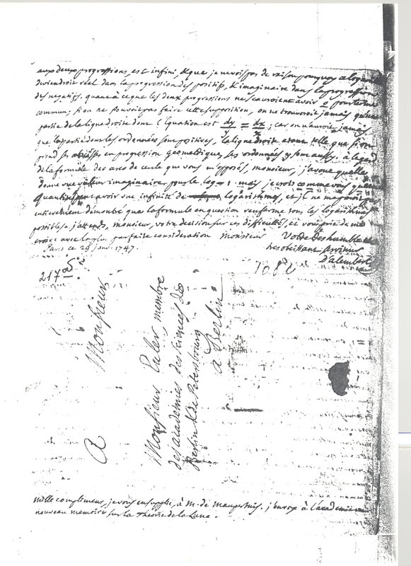 Lettre de D'Alembert à Euler Leonhard, 29 janvier 1747 Lettre de D'Alembert à Euler Leonhard, 29 janvier 1747
