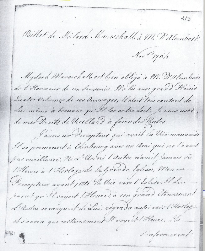 Lettre de Keith à D'Alembert, 1763 Lettre de Keith à D'Alembert, 1763