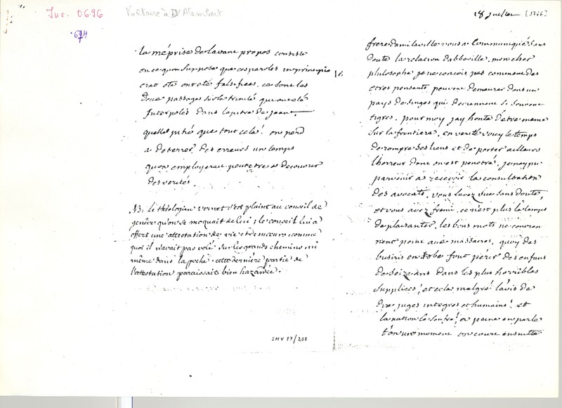 Lettre de Voltaire à D'Alembert, 18 juillet 1766