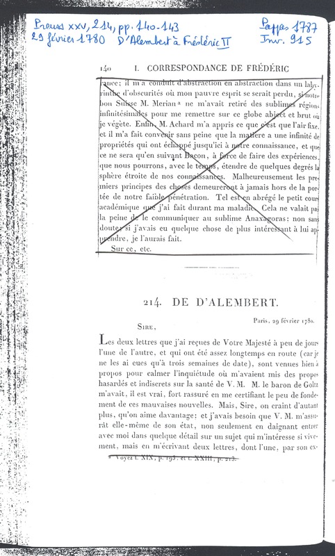 Lettre de D'Alembert à Frédéric II, 29 février 1780