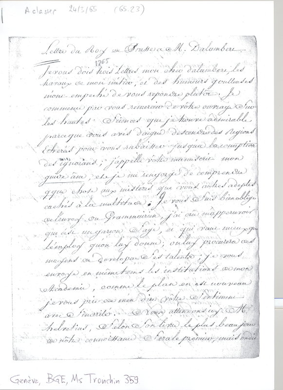Lettre de Frédéric II à D'Alembert, 24 mars 1765 Lettre de Frédéric II à D'Alembert, 24 mars 1765