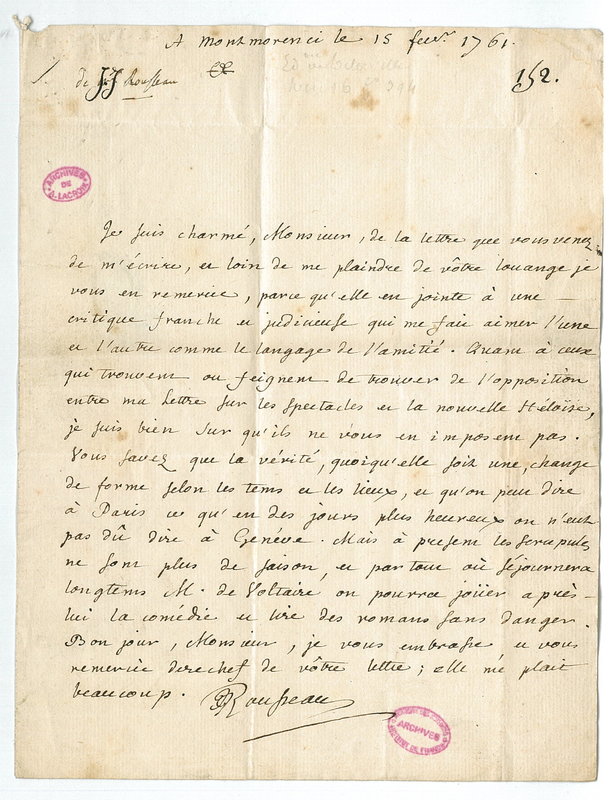 Lettre de Rousseau Jean Jacques à D'Alembert, 15 février 1761 Lettre de Rousseau Jean Jacques à D'Alembert, 15 février 1761