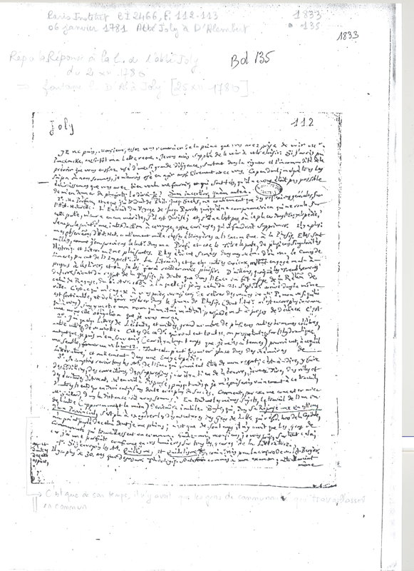 Lettre de Joly à D'Alembert, 6 janvier 1781 Lettre de Joly à D'Alembert, 6 janvier 1781