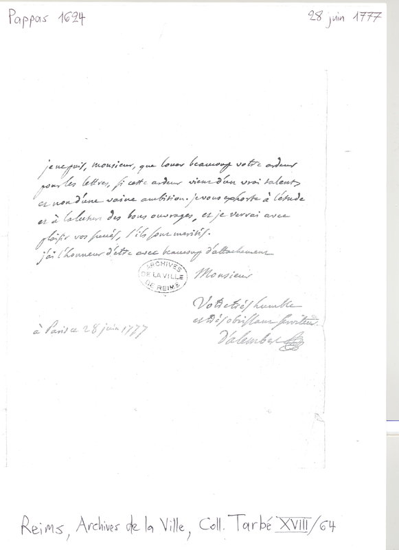 Lettre de D'Alembert à Cousin, 28 juin 1777 Lettre de D'Alembert à Cousin, 28 juin 1777