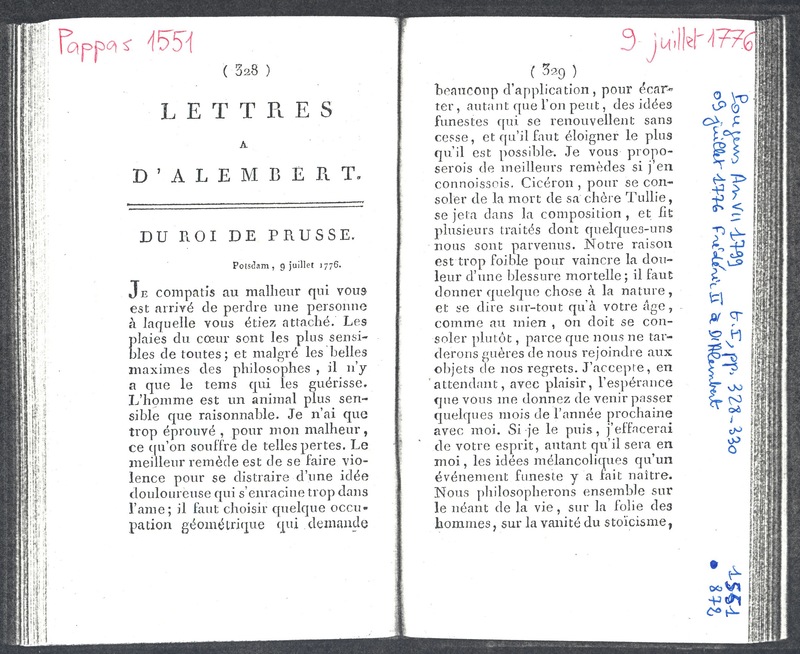 Lettre de Frédéric II à D'Alembert, 9 juillet 1776 Lettre de Frédéric II à D'Alembert, 9 juillet 1776
