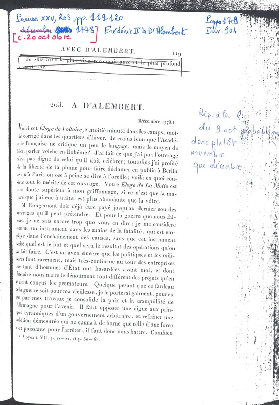 Lettre de Frédéric II à D'Alembert, octobre 1778