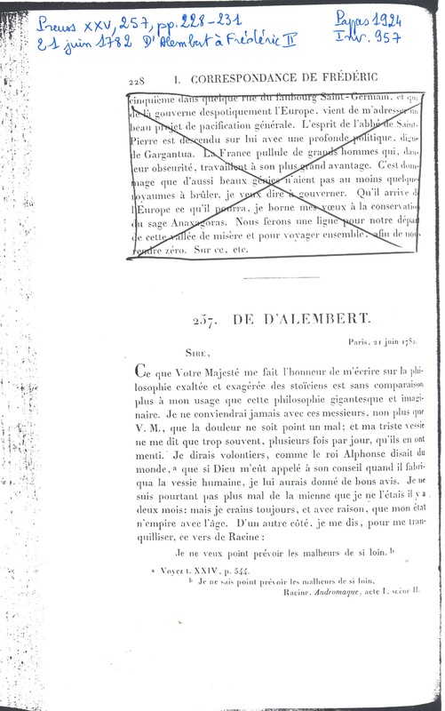 Lettre de D'Alembert à Frédéric II, 21 juin 1782 Lettre de D'Alembert à Frédéric II, 21 juin 1782