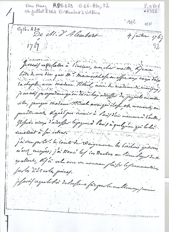 Lettre de D'Alembert à Voltaire, 4 juillet 1767 Lettre de D'Alembert à Voltaire, 4 juillet 1767