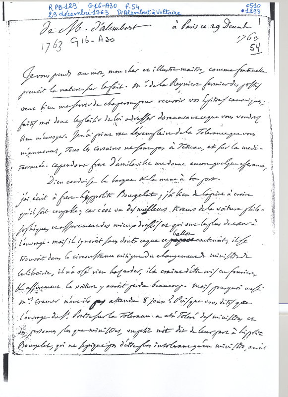 Lettre de D'Alembert à Voltaire, 29 décembre 1763