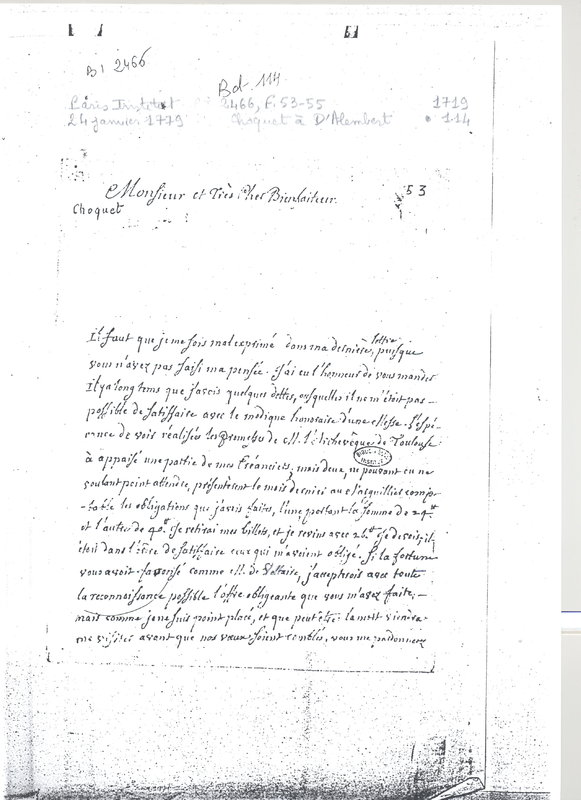 Lettre de Choquet à D'Alembert, 24 janvier 1779 Lettre de Choquet à D'Alembert, 24 janvier 1779