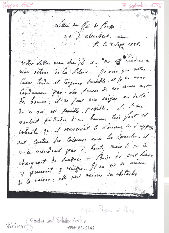 Lettre de Frédéric II à D'Alembert, 7 septembre 1776 Lettre de Frédéric II à D'Alembert, 7 septembre 1776