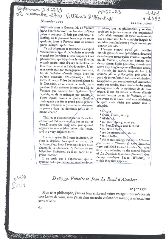 Lettre de Voltaire à D'Alembert, 2 novembre 1770 Lettre de Voltaire à D'Alembert, 2 novembre 1770
