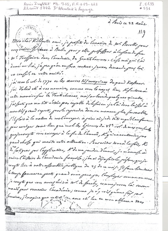 Lettre de D'Alembert à Lagrange, 22 août 1772 Lettre de D'Alembert à Lagrange, 22 août 1772