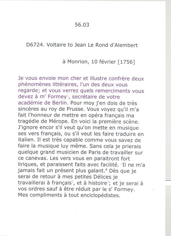 Lettre de Voltaire à D'Alembert, 10 février 1756 Lettre de Voltaire à D'Alembert, 10 février 1756