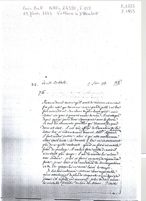 Lettre de Voltaire à D'Alembert, 19 février 1773 Lettre de Voltaire à D'Alembert, 19 février 1773