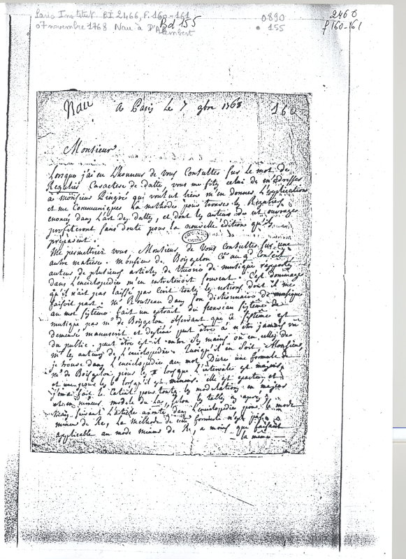 Lettre de Nau à D'Alembert, 7 novembre 1768 Lettre de Nau à D'Alembert, 7 novembre 1768