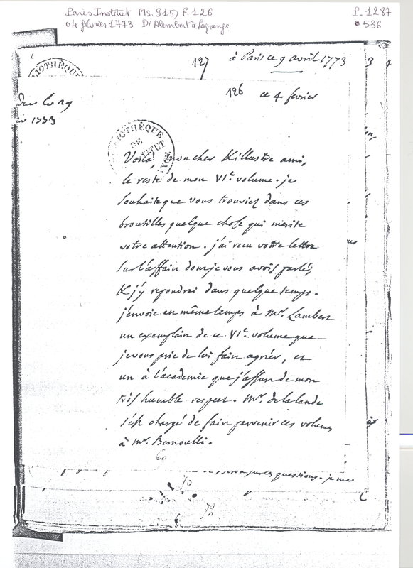 Lettre de D'Alembert à Lagrange, 4 février 1773 Lettre de D'Alembert à Lagrange, 4 février 1773