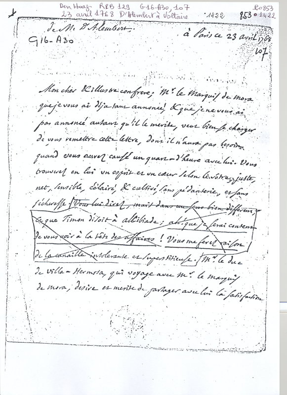 Lettre de D'Alembert à Voltaire, 23 avril 1768 Lettre de D'Alembert à Voltaire, 23 avril 1768