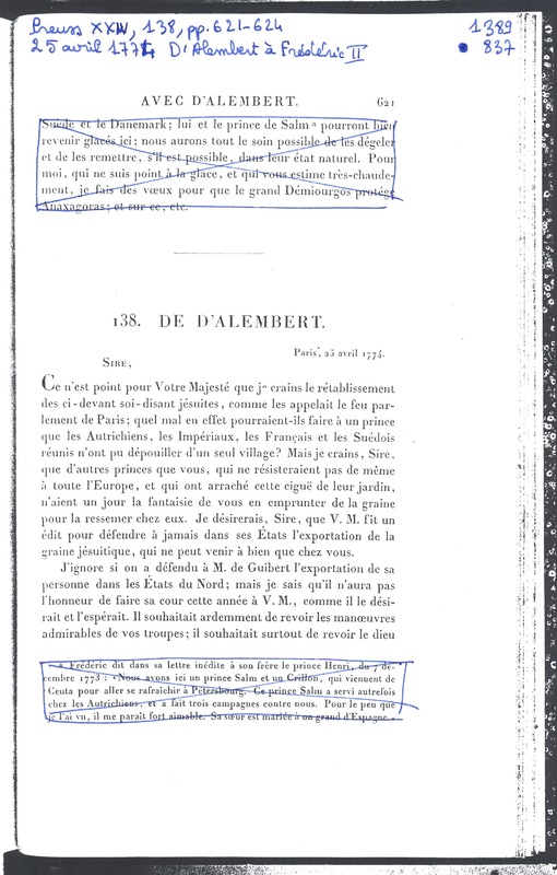 Lettre de D'Alembert à Frédéric II, 25 avril 1774 Lettre de D'Alembert à Frédéric II, 25 avril 1774