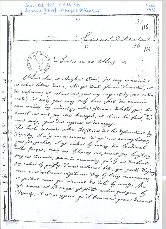 Lettre de Lagrange à D'Alembert, 20 mars 1765 Lettre de Lagrange à D'Alembert, 20 mars 1765