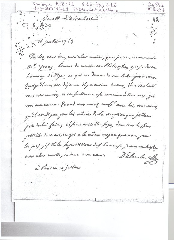 Lettre de D'Alembert à Voltaire, 10 juillet 1768 Lettre de D'Alembert à Voltaire, 10 juillet 1768