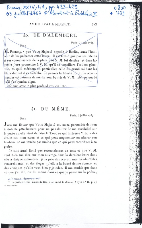 Lettre de D'Alembert à Frédéric II, 3 juillet 1767 Lettre de D'Alembert à Frédéric II, 3 juillet 1767