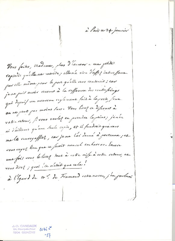Lettre de D'Alembert à Mme Rochefort d'Ally (Pavée de Provenchères), 24 janvier 1769 Lettre de D'Alembert à Mme Rochefort d'Ally (Pavée de Provenchères), 24 janvier 1769